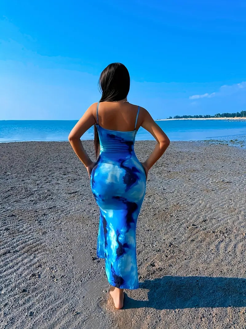 Elegant Blue Gradient Floral Print Sleeveless Maxi Dress