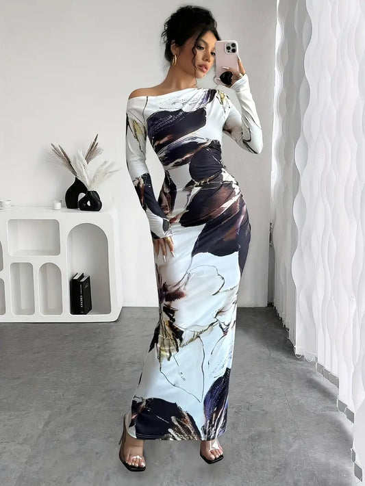 Elegant Off-Shoulder Floral Print Long Dress